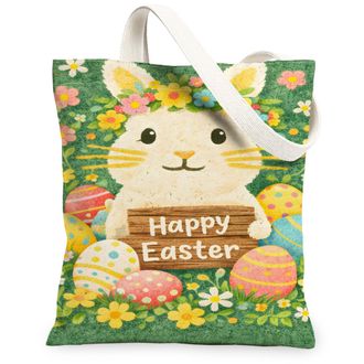 Generic Easter Bunny Canvas Tote Bags, Floral Pattern Reusable Grocery Bags, Spring Lightweight Washable Shoulder Strap Canvas for, Green, 13x15 Inch