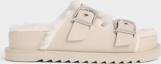Charles & Keith Hannah Furry Buckled Double-Strap Sandals