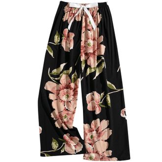 Generic Womens Pajama Bottoms Drawstring Elastic Waist Cropped Trousers Floral Printed Wide Leg Lounge Pants Casual Loose Fit Comfortable Sleep Pants for All 