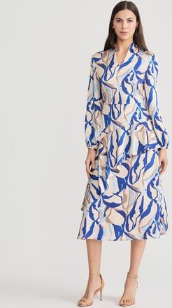Misook Fit & Flare Printed Crepe de Chine Ruffle Maxi Dress in Biscotti/aegean Blue at Nordstrom, Size Xx-Large