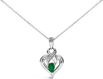 House of Brilliance Silver 6x4mm Pear Emerald and Diamond Accent Heart Pendant Necklace in White at Nordstrom