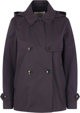 Herno Short Blue Trench Coat With Removable Hood And Double-Breasted Closure