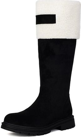 Generic Womens Faux Suede Long Boots with Side Zipper Round Toe Knee High Boot Flat Heel Platform Winter Boots,Black,2.5 UK