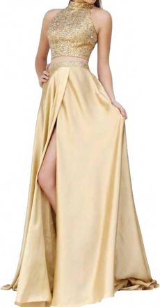 Sherri Hill Two Piece Beaded Halter High Slit Gown In Gold