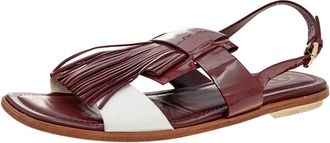 Tod's Tods Burgundy/white Patent Leather And Leather Fringe Flat Sandals