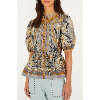 Farm Rio Stained Glass Beauty Half Placket Cotton Top in Blue at Nordstrom, Size Xx-Small