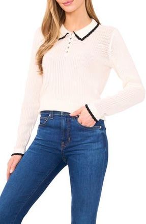 CeCe by Cynthia Steffe Contrast Trim Pointelle Cotton Polo Sweater in Antique White at Nordstrom Rack, Size X-Large