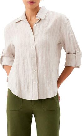 Karen Kane Stripe Linen Button-Up Shirt in Oatmeal at Nordstrom, Size X-Large