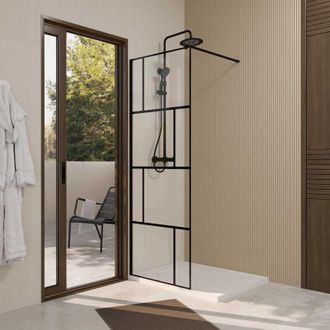 Aurlane Parete Doccia 70x195 cm - Vetro Anticalcare 8 mm Serigrafia Mattone - Profilo Nero Opaco