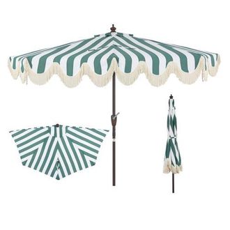 Jonathan Y Designs Beverly 9 ft. Designer Classic Scalloped Fringe Half Market Patio Umbrella with Crank, Push Button Tilt and UV Protection in Green/white