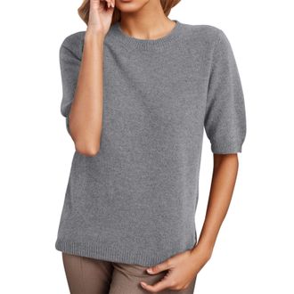 Generic HUIFUAO White Sweatshirt Women Clearance of Sale Short Sleeve V Neck Sweater Basic Elegant Pullover Lightweight Tops Sweatshirts (A02-Grey, M) Sales T