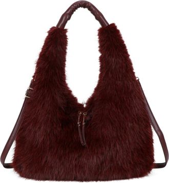 Generic Faux Fur Hobo Shoulder Bag, Plush Fluffy Handbag with Adjustable Straps, Casual Fashion Tote for Women (Wine)
