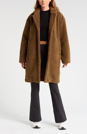 Zella Faux Shearling Longline Coat in Brown Teak at Nordstrom, Size X-Large