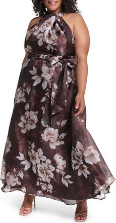 Eliza J Twist Neck Satin Gown in Chocolate at Nordstrom, Size 22W