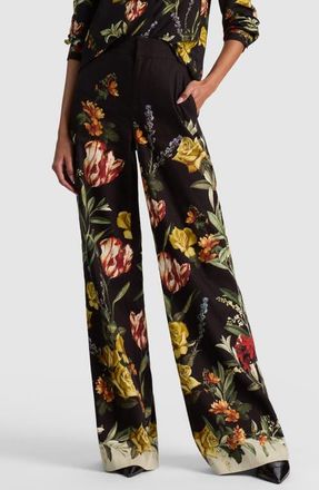 Alice & Olivia Dylan High Waist Wide Leg Pants in Desert Sprigs Black at Nordstrom, Size 14