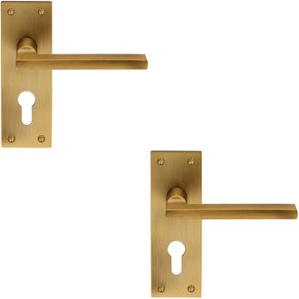 Loops 2x PAIR Straight Bar Lever on Slim Euro Lock Backplate 150 x 50mm Antique Brass in Metallics