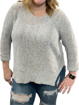 She + Sky 3/4 Sleeve Yarn Pullover Sweater In Grey