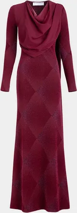 Silvia Tcherassi Moon Shimmer Diamond Velvet Draped Long-Sleeve Maxi Dress