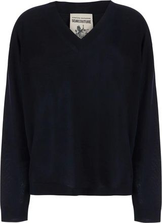 Semicouture Jade V-hals Dunne Wol Trui - Dames - V-hals truien - Blauw - S - Wol - Truien & Vesten