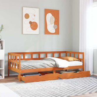 vidaXL Sof&aacute; Cama Con Cajones Sin Colch&oacute;n Maciza Marr&oacute;n Cera 90x200 Cm Vidaxl