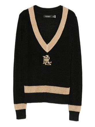 Lauren Ralph Lauren V-neck logo knitwear - women - Cotton/Viscose - S - Black
