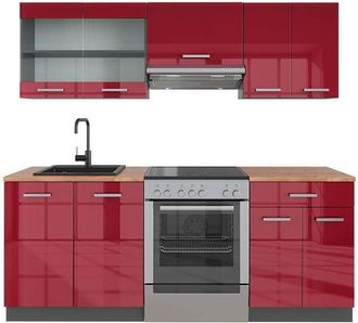 Vicco Cucina componibile R-Line, Bordeaux lucido/antracite, 200 cm, pl Rovere