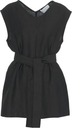 Kaos Kaos, Jassen, Dames, Zwart, L, Linnen, Zwarte Mouwloze Linnen Blend Top met Zijsplitten