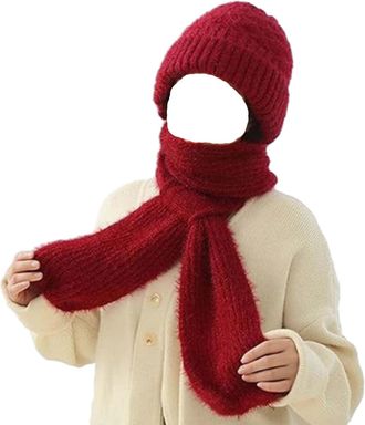 Generic Winter Versatile Knitted Hooded Scarf for Women, Windproof Scarf Cap with Ear Protection Features (Red)