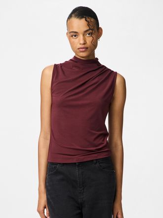 Pieces Stehkragenshirt PIECES PCMADISON SL DRAPED TOP NOOS BC, Damen, Gr. L, lila (tawny port), Jersey, Obermaterial: 95% Polyester, 5% Elasthan, unifarben, 