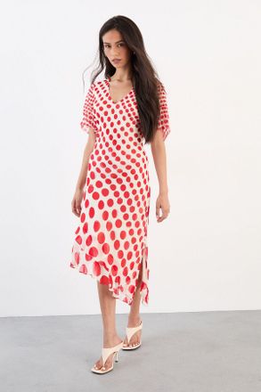 Warehouse Womens Graduated Statement Spot Midi Dress - Red Viscose - Size 10 UK