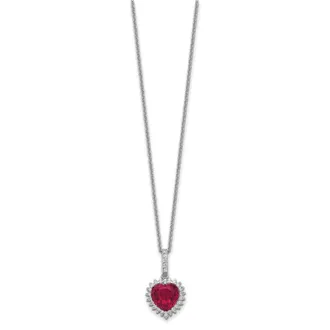 Diamond2Deal Sterling Silver Rhodium-plated Lab Created Ruby and CZ Heart Halo Pendant Necklace