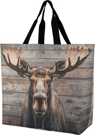 Generic Moose on Wood Large Reusable Shopping Bag Lightweight Foldable Tote Bags Washable Shoulder Handbag