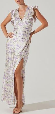ASTR the Label Floral Flutter Sleeve Satin Maxi Dress in Purple Floral at Nordstrom Rack, Size Medium