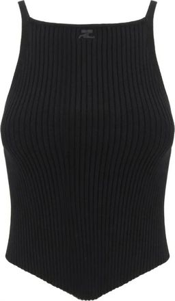 Courr&egrave;ges Geribbelde Top met Iconisch Logo Borduurwerk - Dames - Tops zonder mouwen - Zwart - XS - Polyester - Tops