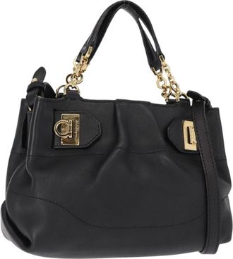 Ferragamo W Chain Tote Leather Black Leather Handbag (Pre-Owned)