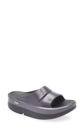 Oofos OOmega OOahh Slide Sandal in Black/Amethyst Sparkle at Nordstrom Rack, Size 10