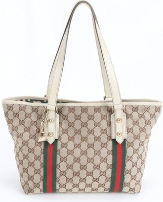 Gucci Beige Leather Canvas Handbag Tote Bag (Pre-Owned)