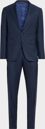 Canali Mens Denim Effect Wool Peak Lapel Suit