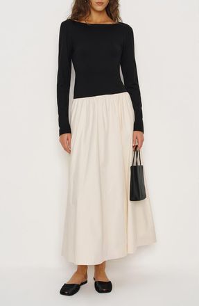 Reformation Abel Long Sleeve Mixed Media Maxi Dress in Black And Sugar at Nordstrom, Size X-Small