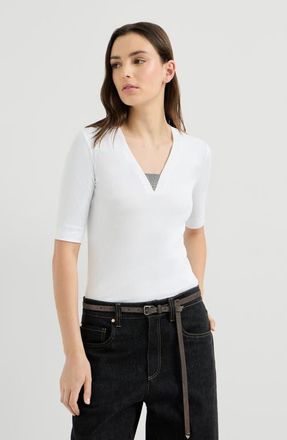 Brunello Cucinelli Stretch cotton ribbed jersey top with precious insert in White at Nordstrom, Size Xxx-Large
