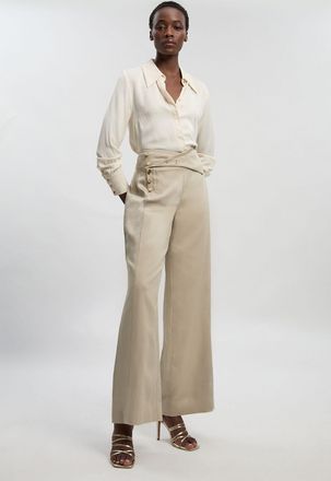 Karen Millen Womens Tailored Linen Button Front Wide Leg Trouser - Beige Lyocell - Size 12 UK