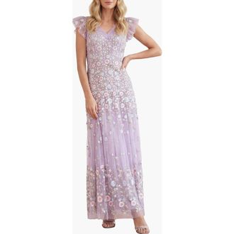 Needle & Thread Ethereal Blooms Short Sleeve Ankle Gown in Lavender/multi at Nordstrom, Size 12