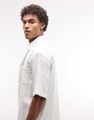 Weekday Franco - Camicia a maniche corte in misto lino bianco e grigio a righe