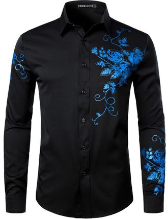 PARKLEES Mens Hipster Rose Floral Print Design Slim Fit Long Sleeve Button Up Party Dress Shirt Black Royal XXL