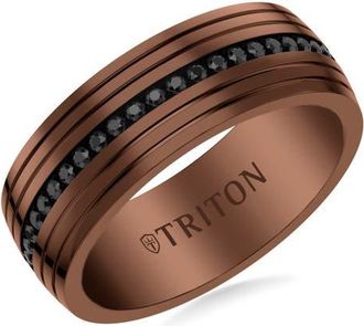 Triton 8MM Espresso Tungsten and Black Tungsten Stripe Inlay with Black Sapphire Eternity Center and Bevel Edge in Brown at Nordstrom, Size 11.5
