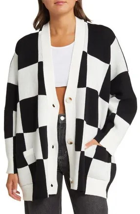 Dressed in Lala Love You Oversize Checkerboard Cardigan in Black White Check at Nordstrom, Size Large