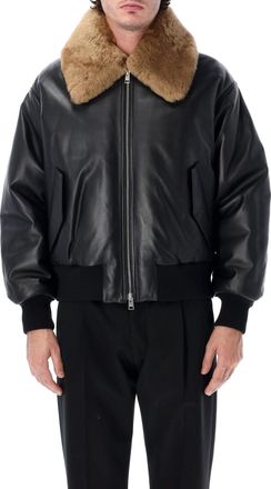 Ami Black Leather Oversized Fur Collar Bomber Jacket