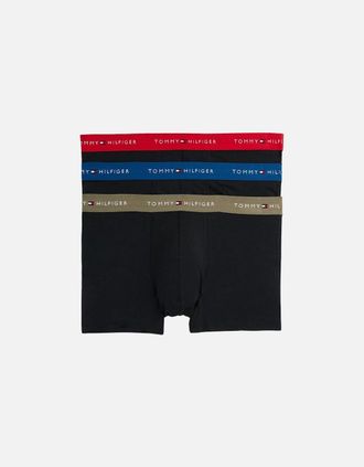 Tommy Hilfiger Mens 3-Pack Signature Cotton Boxer Trunks, Black w/ indigo/red/olive - Size: 35/34/32