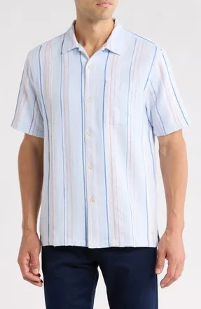 Tommy Bahama Milano Textured Stripe Cotton Camp Shirt in Dew Drop at Nordstrom, Size Xxx-Large