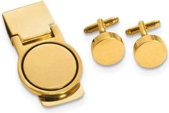Diamond2Deal Gold-tone Circular Design Engravable Cuff Link and Money Clip Set